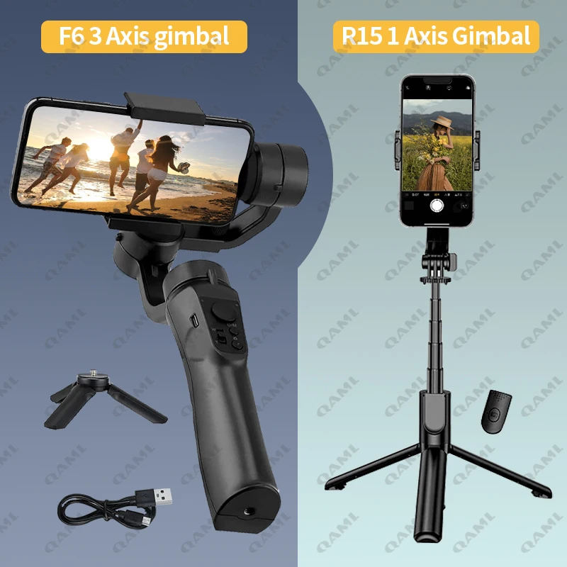 QAML Gimbal Stabiliser F6 3-Axis/R15 Single-Axis Mobile Gimbal for Xiaomi iPhone 14 Pro Max YouTube TikTok Vlog Video Recording
