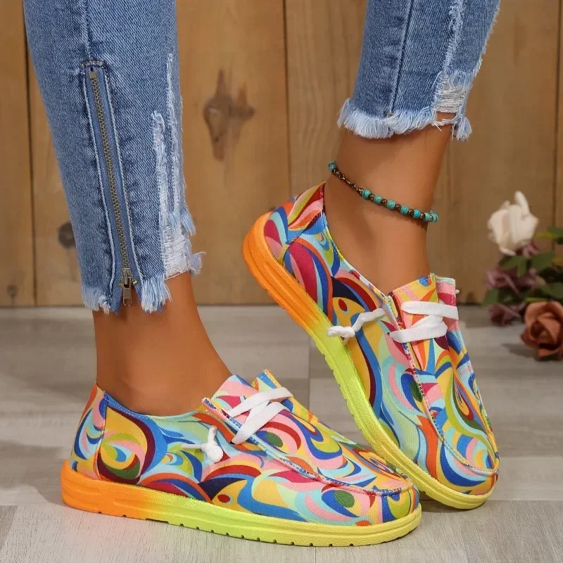 2024 Women Ethnic Rainbow Canvas Shoes Autumn New Casual Daily Ladies Flat Shoes Round Toe Multi-Color Print Lace-up Sneakers